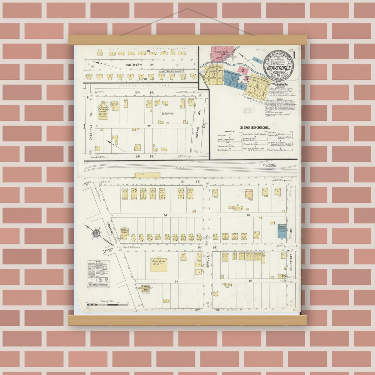 Old map wall art mockup — magnetic wood frame on brick wall — Sanborn Fire Insurance Map from Beaverdale, Cambria County, Pennsylvania (1911) - Complete Map Set
