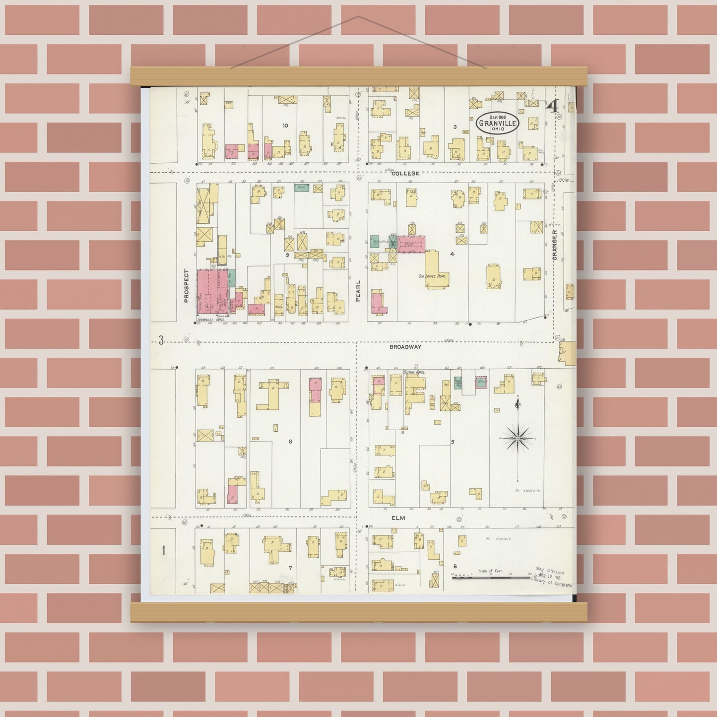 Old map wall art mockup — magnetic wood frame on brick wall — Sanborn Fire Insurance Map from Granville, Licking County, Ohio (1905), Sheet #0004