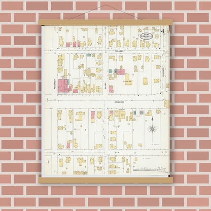 Old map wall art mockup — magnetic wood frame on brick wall — Sanborn Fire Insurance Map from Granville, Licking County, Ohio (1905), Sheet #0004