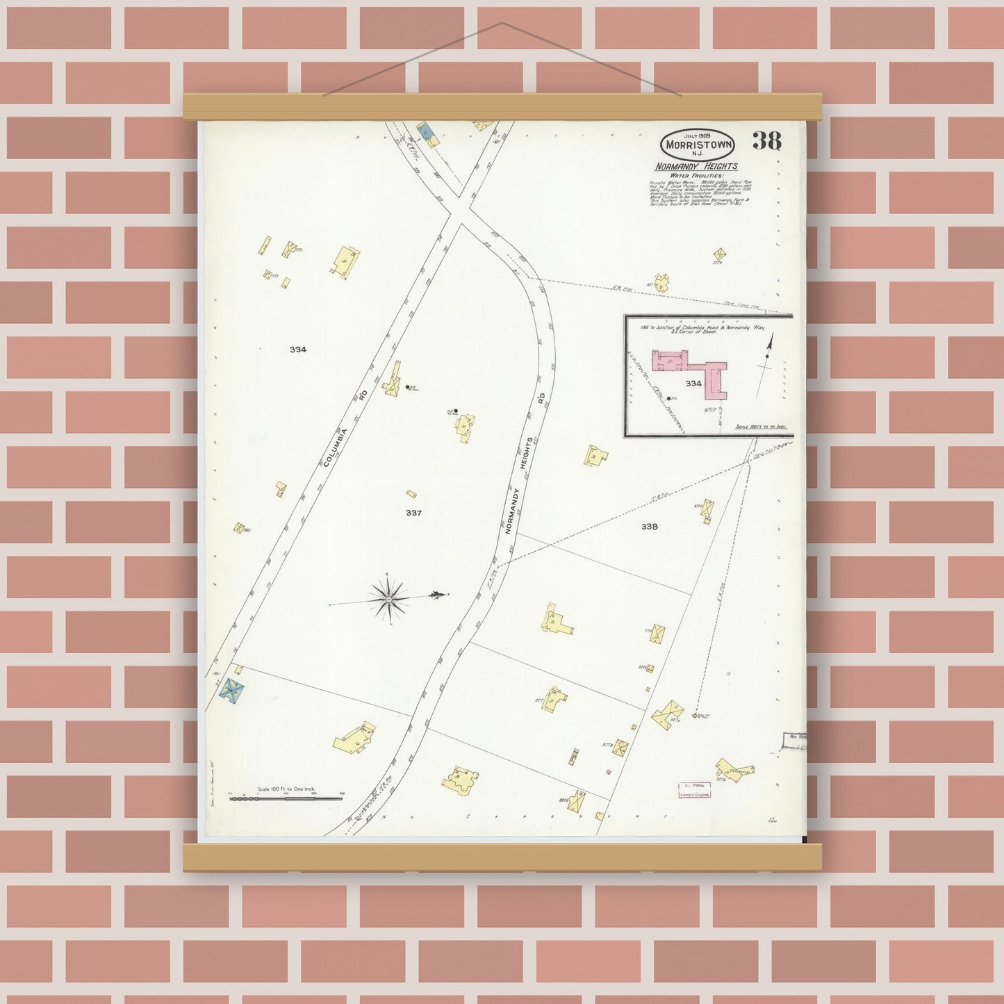 Old map wall art mockup — magnetic wood frame on brick wall — Sanborn Fire Insurance Map from Morristown, Morris County, New Jersey (1909), Sheet #0038