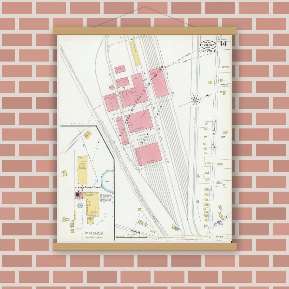 Old map wall art mockup — magnetic wood frame on brick wall — Sanborn Fire Insurance Map from Hyde Park, Norfolk County, Massachusetts (1900), Sheet #0014