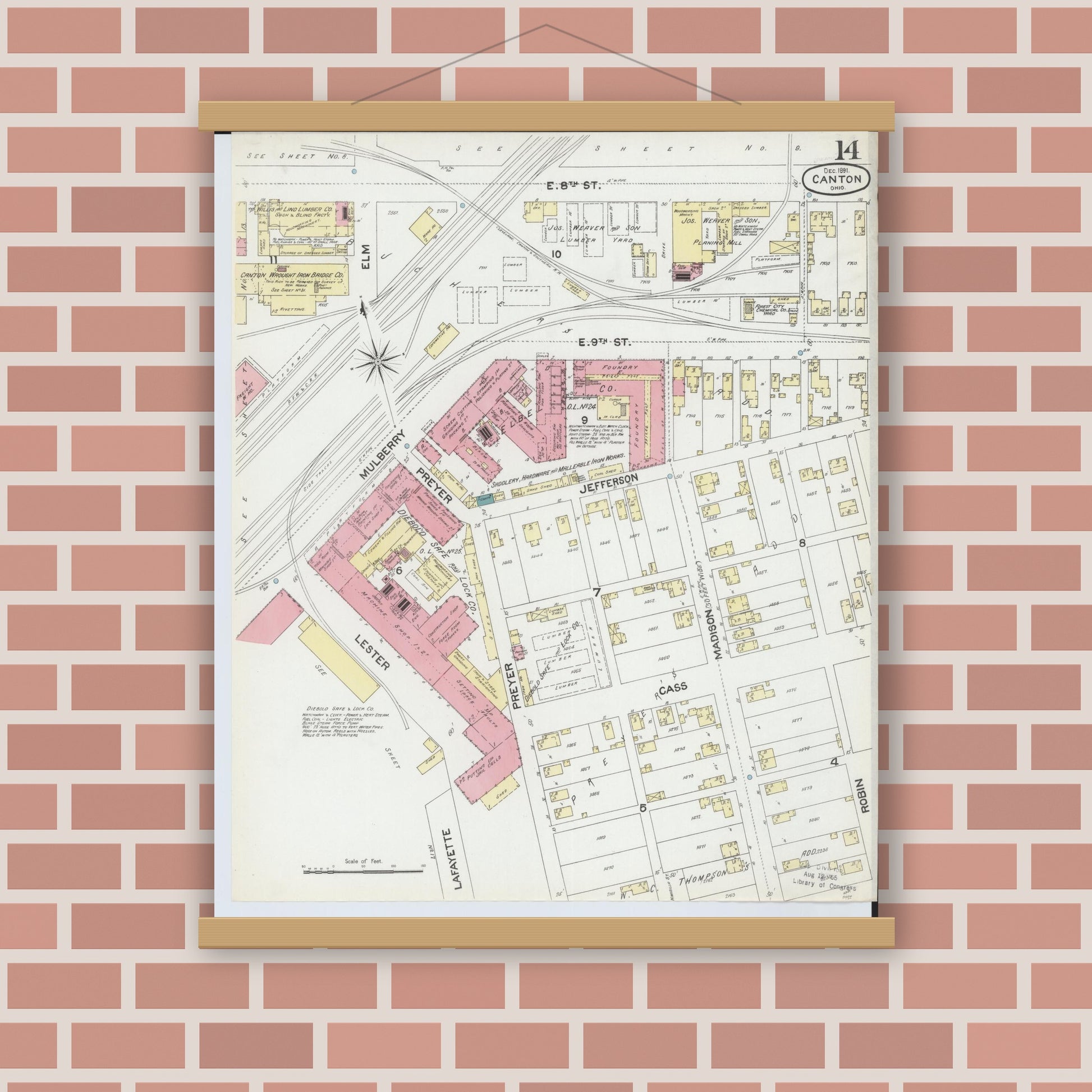 Old map wall art mockup — magnetic wood frame on brick wall — Sanborn Fire Insurance Map from Canton, Stark County, Ohio (1891), Sheet #0014