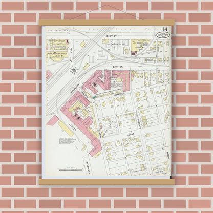 Old map wall art mockup — magnetic wood frame on brick wall — Sanborn Fire Insurance Map from Canton, Stark County, Ohio (1891), Sheet #0014