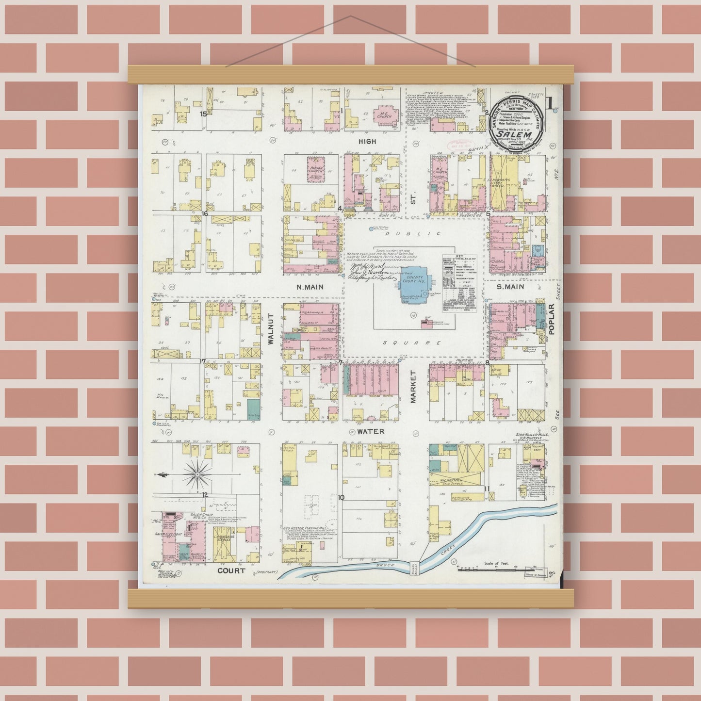 Old map wall art mockup — magnetic wood frame on brick wall — Sanborn Fire Insurance Map from Salem, Washington County, Indiana (1892) - Complete Map Set