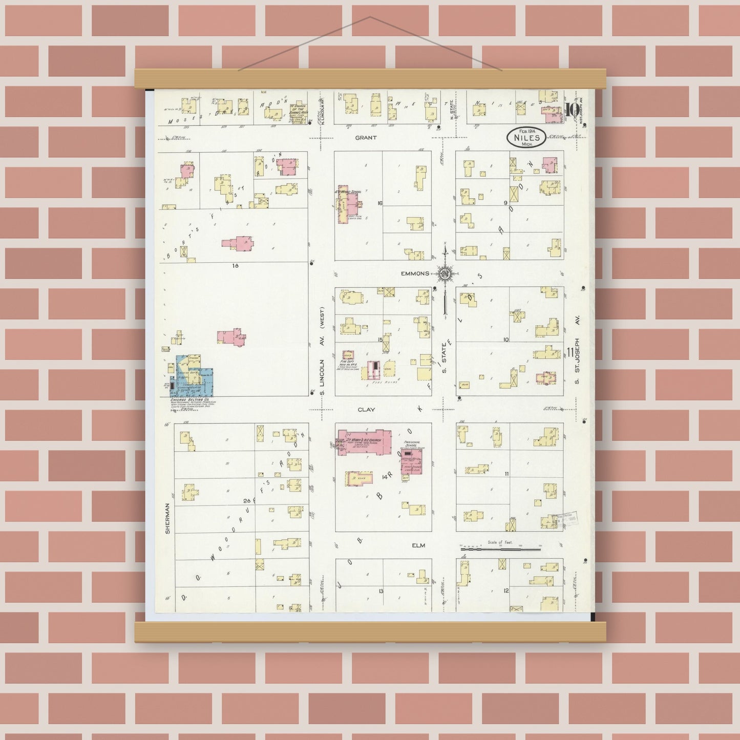 Old map wall art mockup — magnetic wood frame on brick wall — Sanborn Fire Insurance Map from Niles, Berrien County, Michigan (1914), Sheet #0010