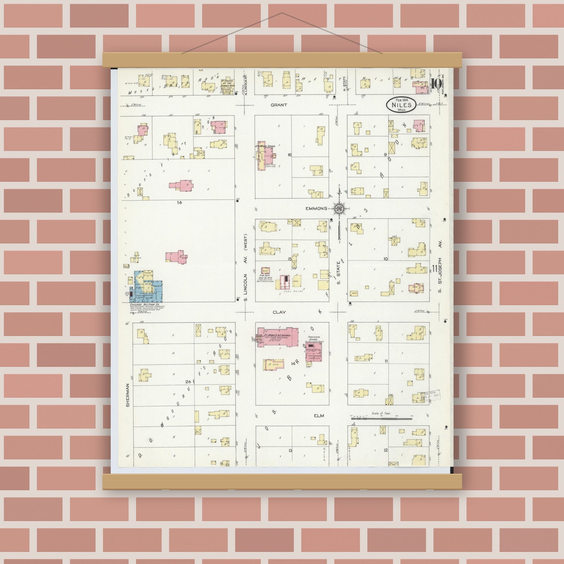 Old map wall art mockup — magnetic wood frame on brick wall — Sanborn Fire Insurance Map from Niles, Berrien County, Michigan (1914), Sheet #0010
