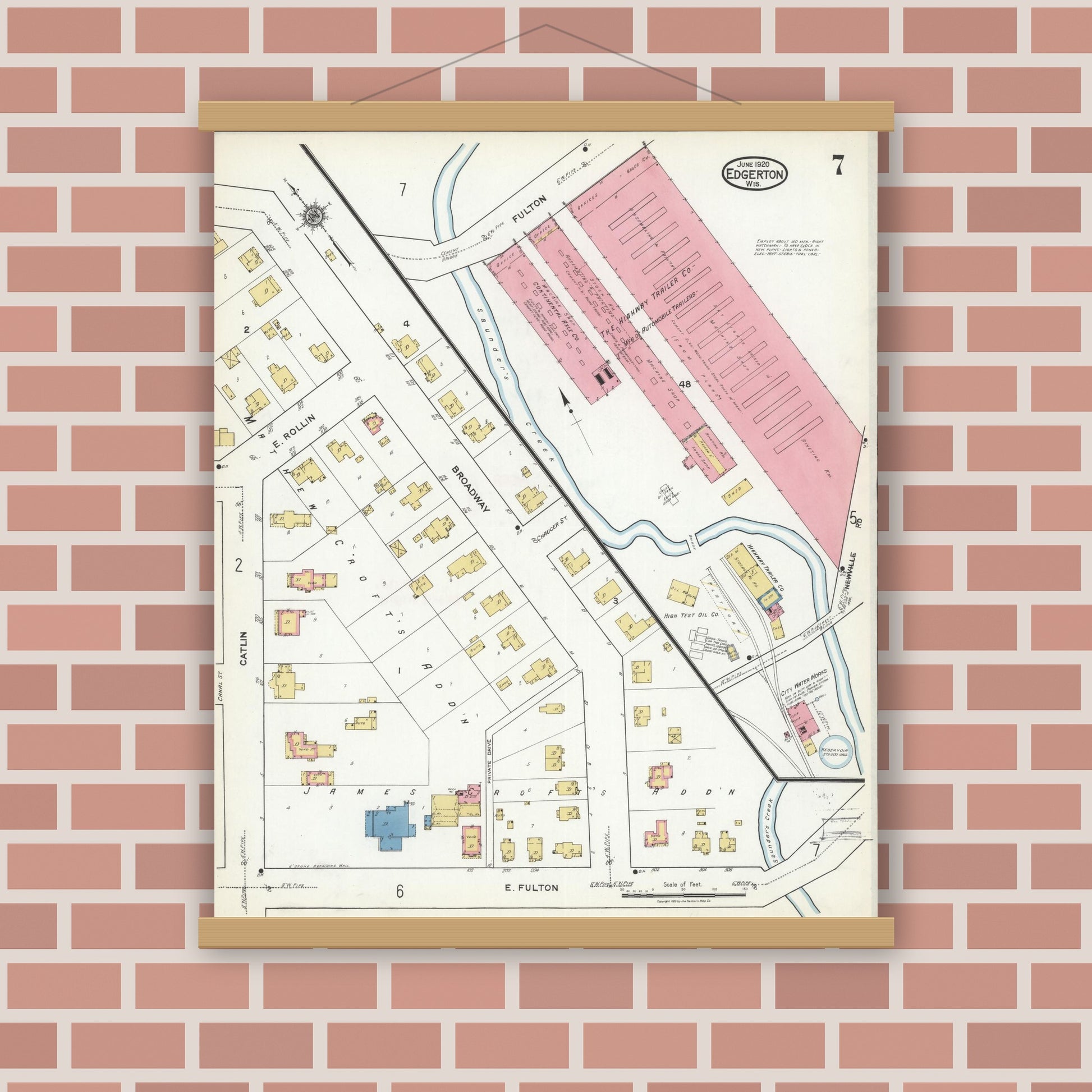 Old map wall art mockup — magnetic wood frame on brick wall — Sanborn Fire Insurance Map from Edgerton, Rock County, Wisconsin (1920), Sheet #0007