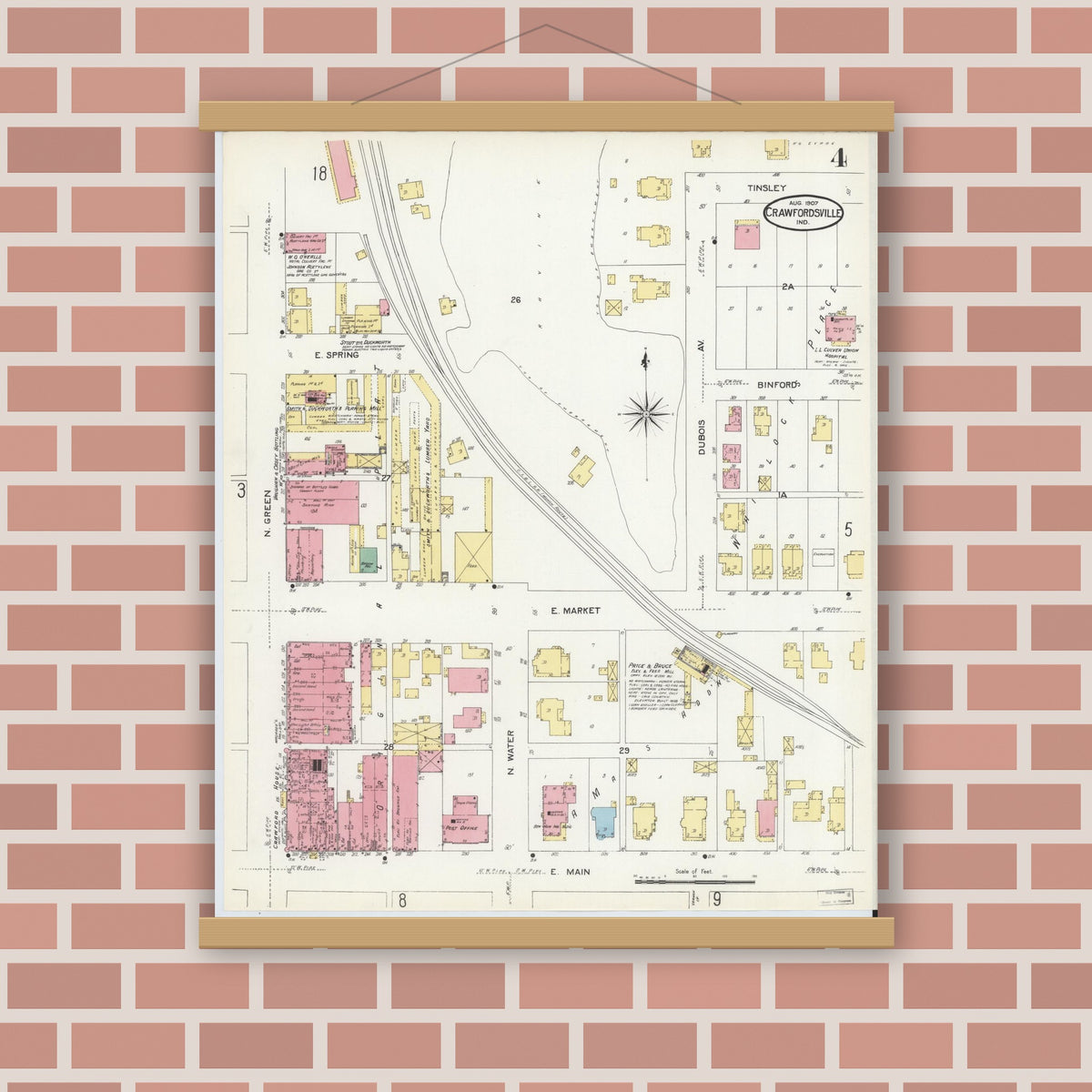 Old map wall art mockup — magnetic wood frame on brick wall — Sanborn Fire Insurance Map from Crawfordsville, Montgomery County, Indiana (1907), Sheet #0004