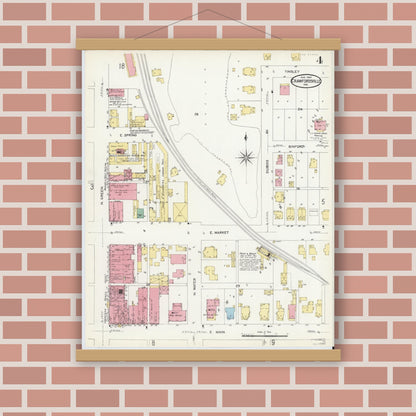 Old map wall art mockup — magnetic wood frame on brick wall — Sanborn Fire Insurance Map from Crawfordsville, Montgomery County, Indiana (1907), Sheet #0004