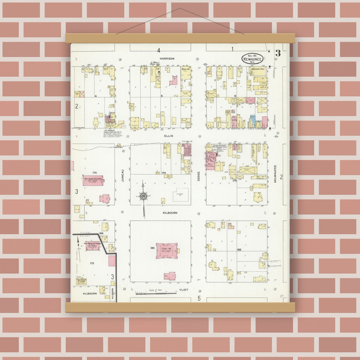 Old map wall art mockup — magnetic wood frame on brick wall — Sanborn Fire Insurance Map from Kewaunee, Kewaunee County, Wisconsin (1911), Sheet #0003