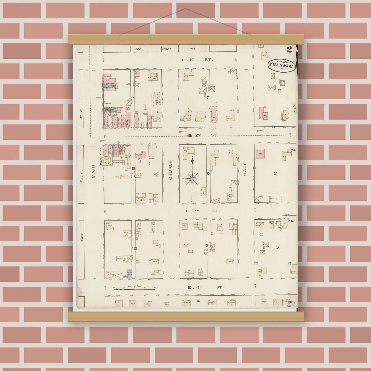 Old map wall art mockup — magnetic wood frame on brick wall — Sanborn Fire Insurance Map from Mishawaka, Saint Joseph County, Indiana (1886), Sheet #0002