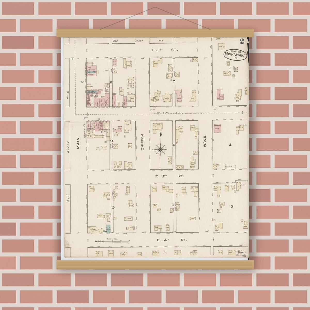 Old map wall art mockup — magnetic wood frame on brick wall — Sanborn Fire Insurance Map from Mishawaka, Saint Joseph County, Indiana (1886), Sheet #0002