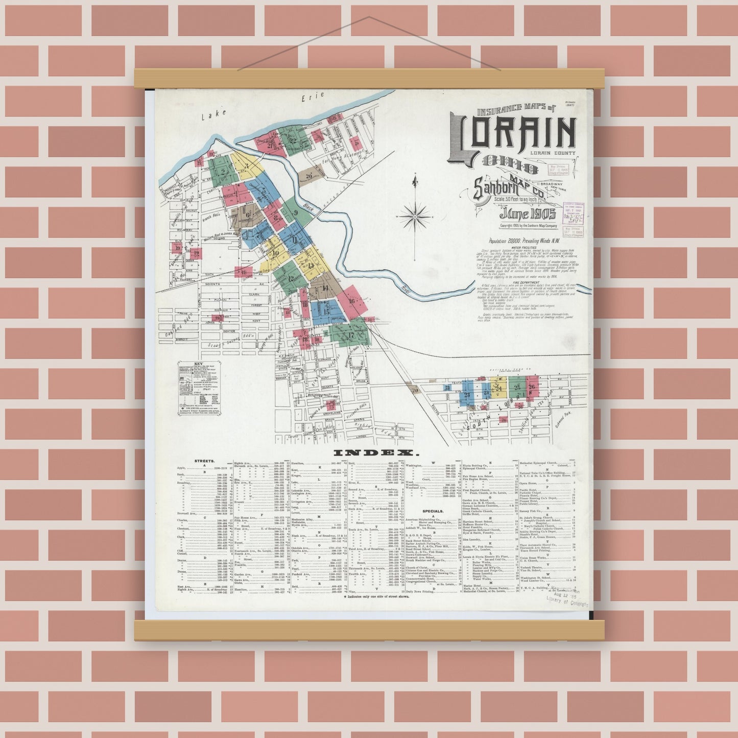 Old map wall art mockup — magnetic wood frame on brick wall — Sanborn Fire Insurance Map from Lorain, Lorain County, Ohio (1905) - Complete Map Set