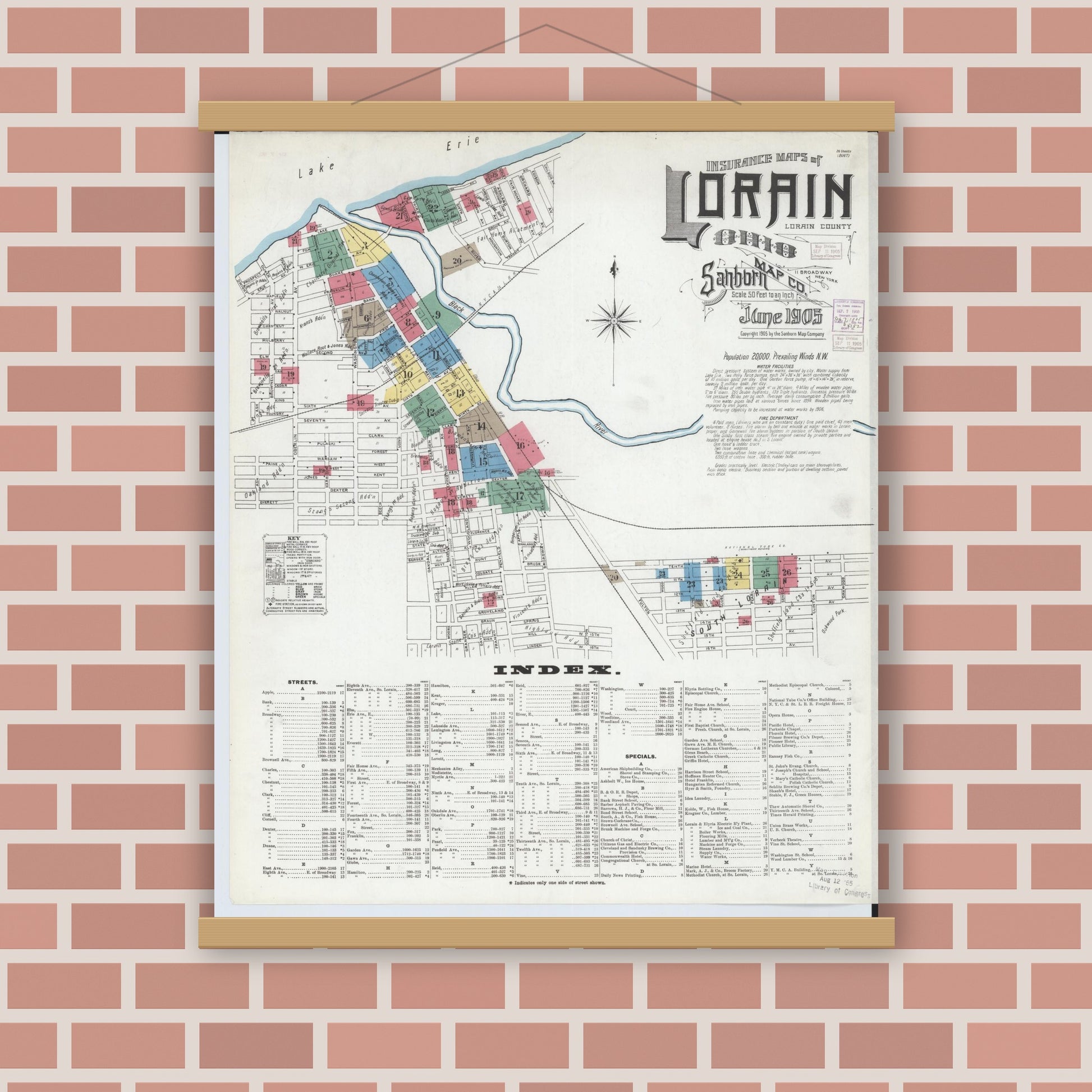 Old map wall art mockup — magnetic wood frame on brick wall — Sanborn Fire Insurance Map from Lorain, Lorain County, Ohio (1905) - Complete Map Set