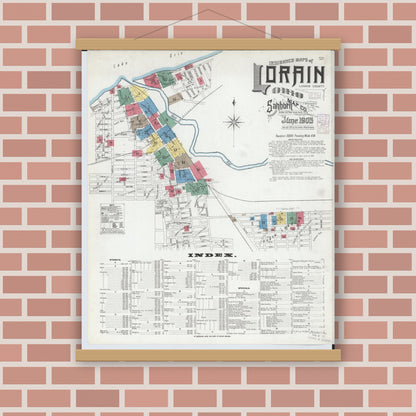 Old map wall art mockup — magnetic wood frame on brick wall — Sanborn Fire Insurance Map from Lorain, Lorain County, Ohio (1905) - Complete Map Set