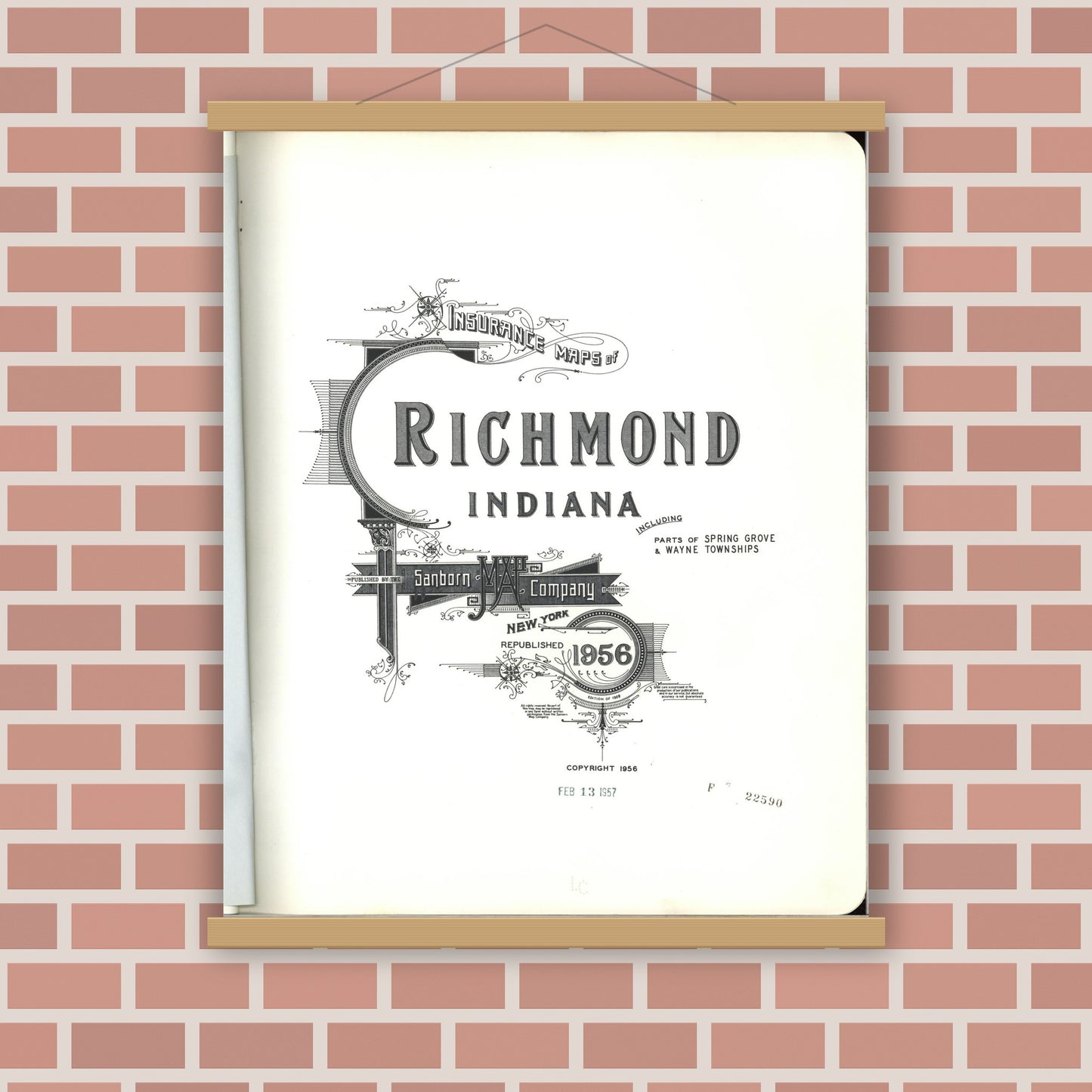 Old map wall art mockup — magnetic wood frame on brick wall — Sanborn Fire Insurance Map from Richmond, Wayne County, Indiana (1956), Sheet #0001