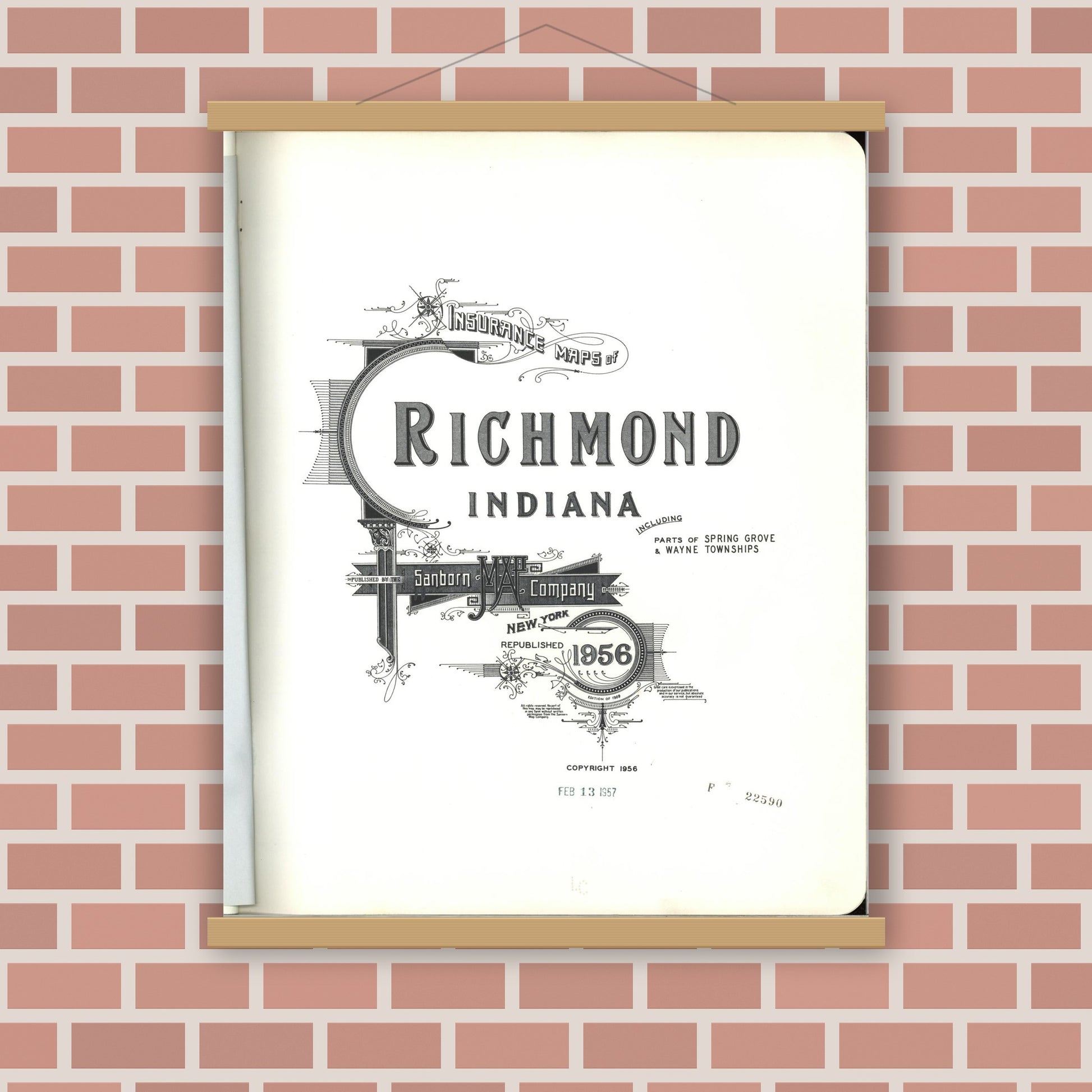 Old map wall art mockup — magnetic wood frame on brick wall — Sanborn Fire Insurance Map from Richmond, Wayne County, Indiana (1956), Sheet #0001