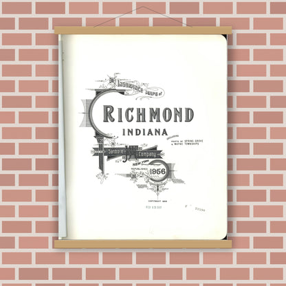 Old map wall art mockup — magnetic wood frame on brick wall — Sanborn Fire Insurance Map from Richmond, Wayne County, Indiana (1956), Sheet #0001