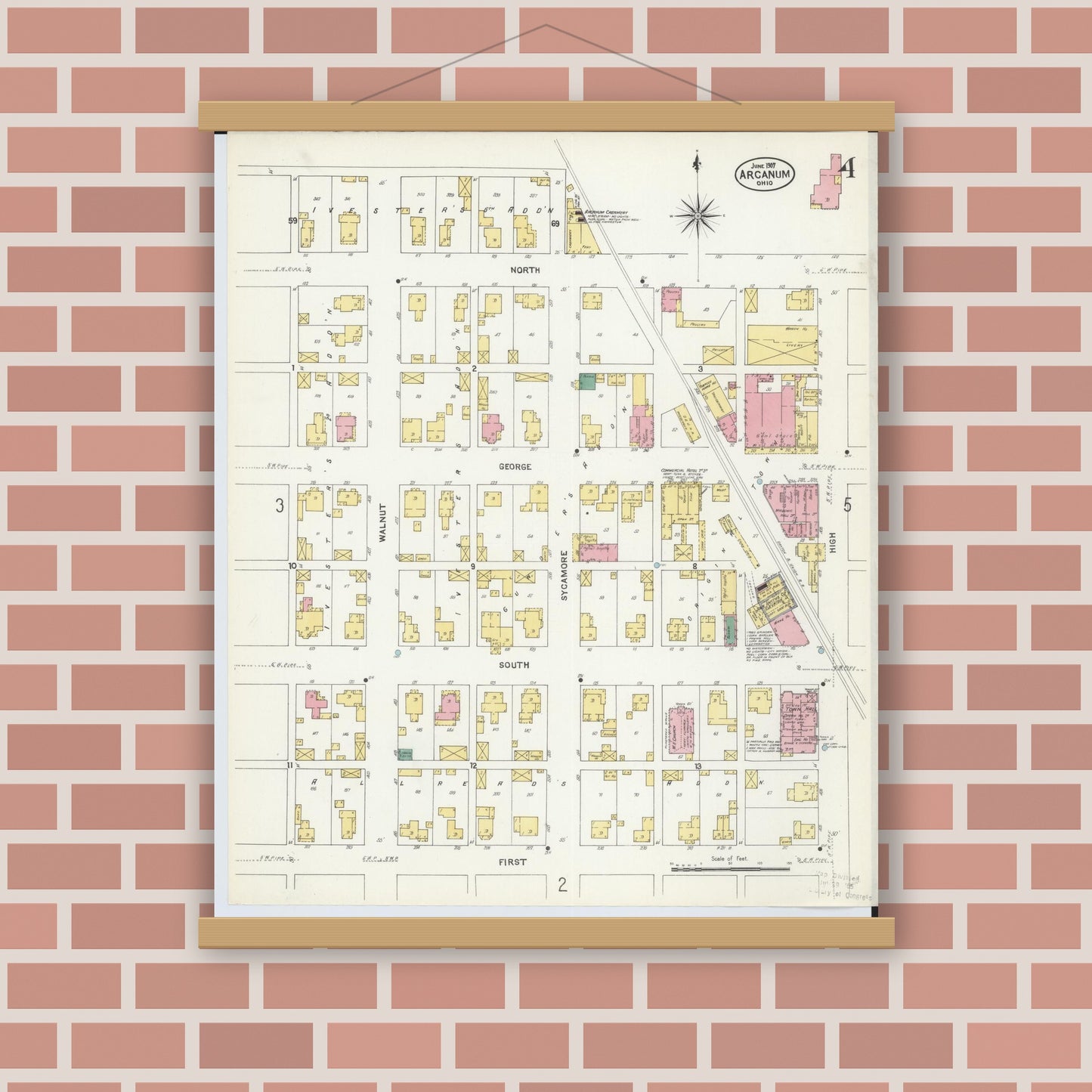 Old map wall art mockup — magnetic wood frame on brick wall — Sanborn Fire Insurance Map from Arcanum, Darke County, Ohio (1907), Sheet #0004