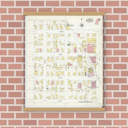 Old map wall art mockup — magnetic wood frame on brick wall — Sanborn Fire Insurance Map from Arcanum, Darke County, Ohio (1907), Sheet #0004