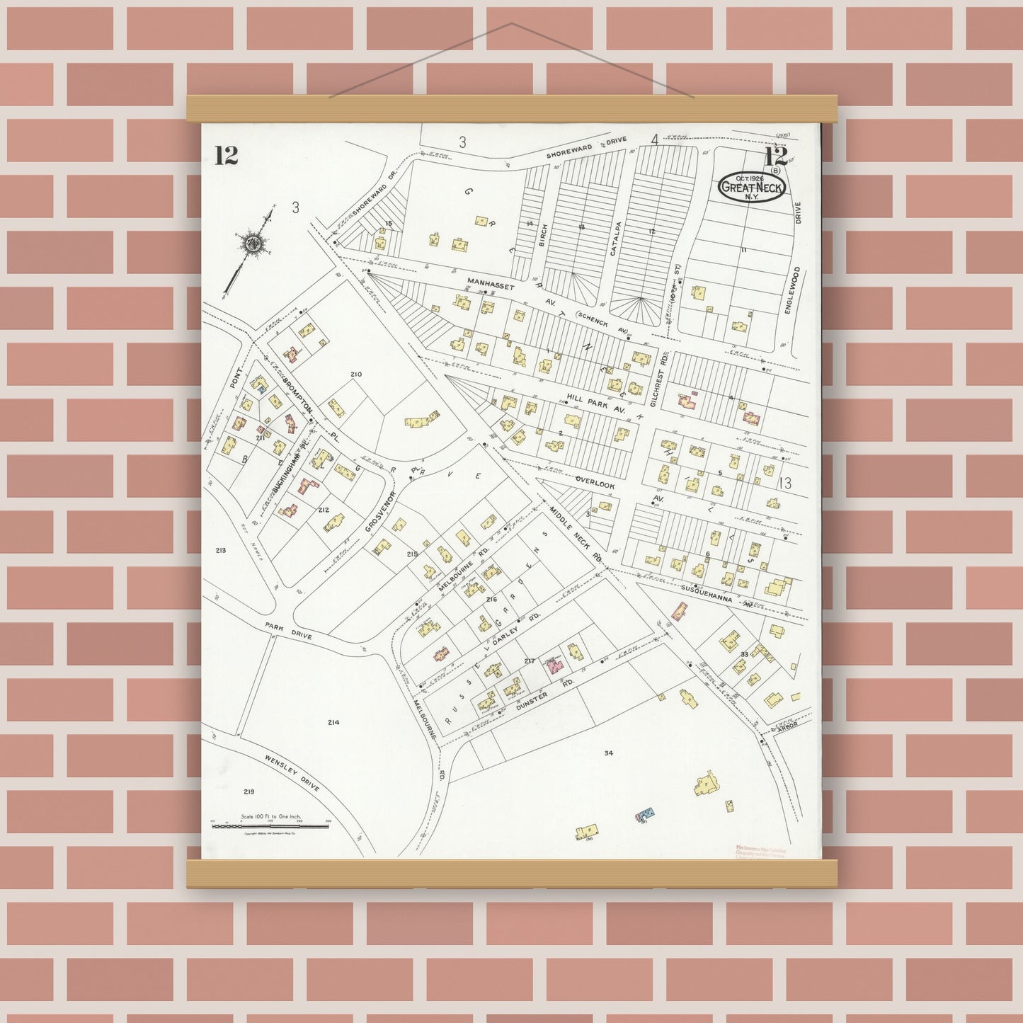 Old map wall art mockup — magnetic wood frame on brick wall — Sanborn Fire Insurance Map from Great Neck, Nassau County, New York (1926), Sheet #0012