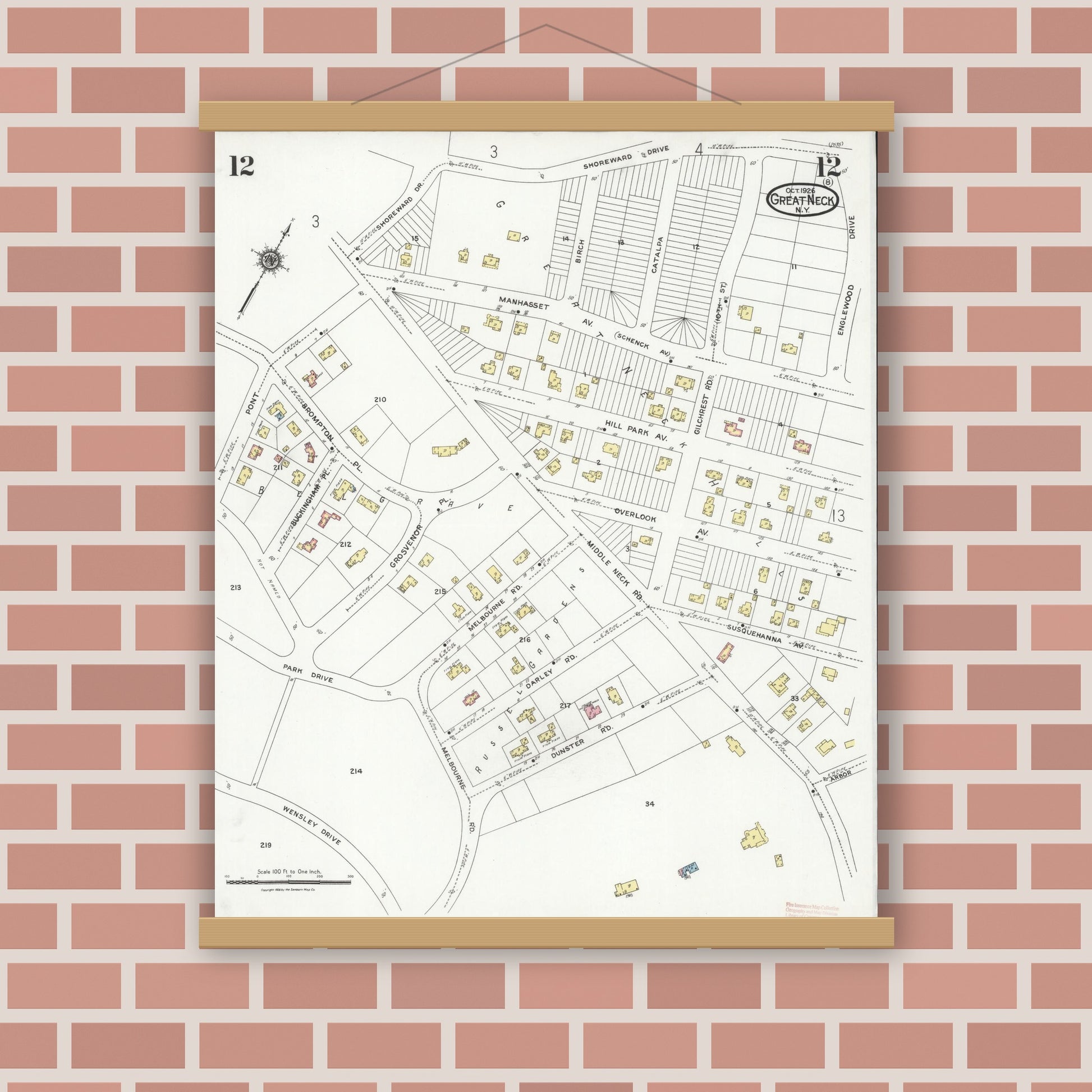 Old map wall art mockup — magnetic wood frame on brick wall — Sanborn Fire Insurance Map from Great Neck, Nassau County, New York (1926), Sheet #0012
