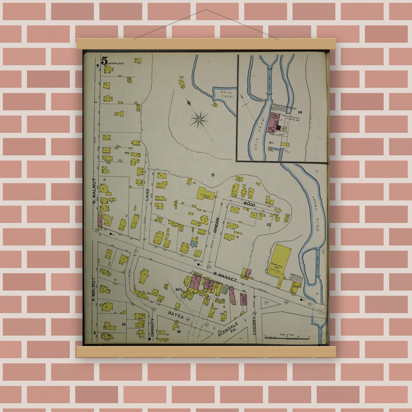 Old map wall art mockup — magnetic wood frame on brick wall — Sanborn Fire Insurance Map from Akron, Summit County, Ohio (1892), Sheet #0005