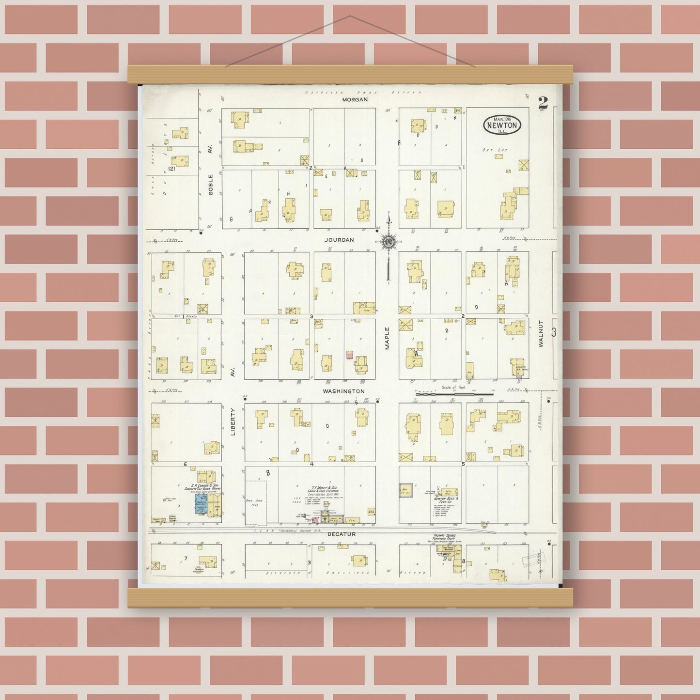 Old map wall art mockup — magnetic wood frame on brick wall — Sanborn Fire Insurance Map from Newton, Jasper County, Illinois (1916), Sheet #0002