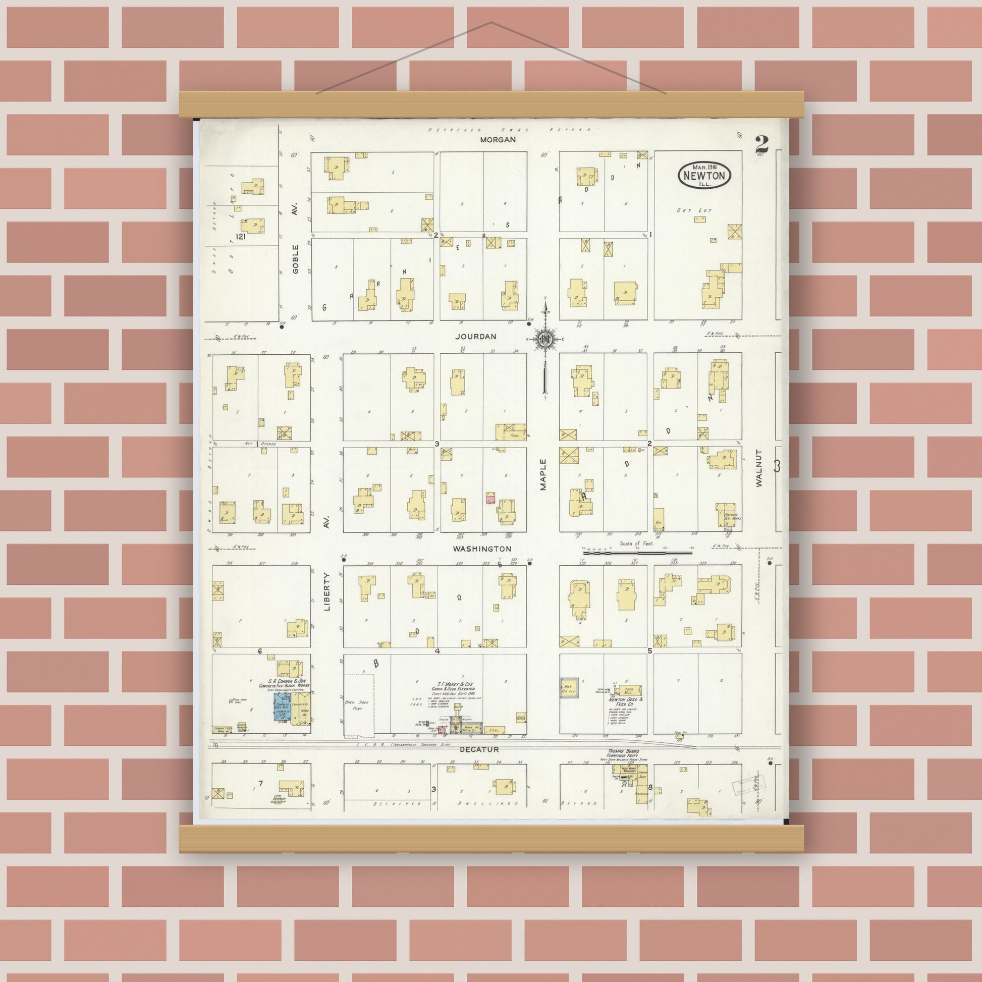 Old map wall art mockup — magnetic wood frame on brick wall — Sanborn Fire Insurance Map from Newton, Jasper County, Illinois (1916), Sheet #0002