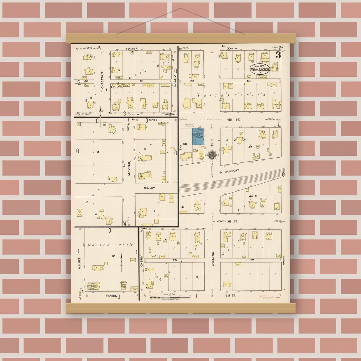 Old map wall art mockup — magnetic wood frame on brick wall — Sanborn Fire Insurance Map from Wilton Junction, Muscatine County, Iowa (1922), Sheet #0003