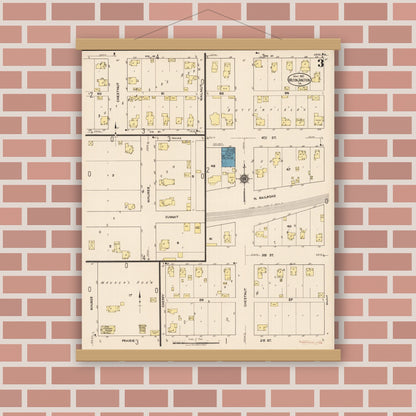 Old map wall art mockup — magnetic wood frame on brick wall — Sanborn Fire Insurance Map from Wilton Junction, Muscatine County, Iowa (1922), Sheet #0003