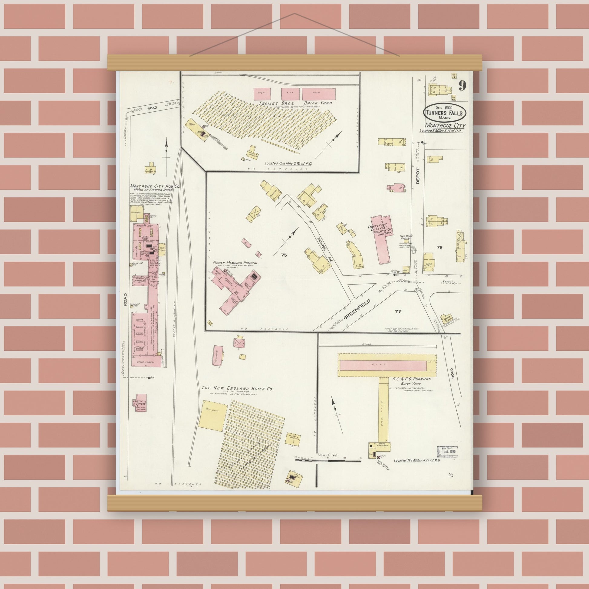 Old map wall art mockup — magnetic wood frame on brick wall — Sanborn Fire Insurance Map from Turners Falls, Franklin County, Massachusetts (1909), Sheet #0009
