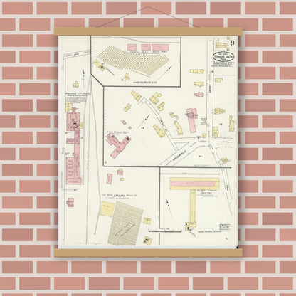 Old map wall art mockup — magnetic wood frame on brick wall — Sanborn Fire Insurance Map from Turners Falls, Franklin County, Massachusetts (1909), Sheet #0009