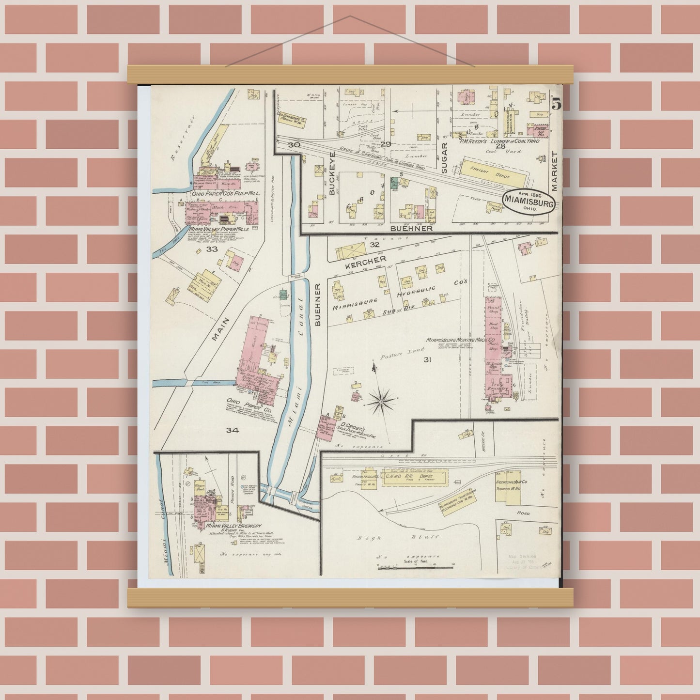 Old map wall art mockup — magnetic wood frame on brick wall — Sanborn Fire Insurance Map from Miamisburg, Montgomery County, Ohio (1886), Sheet #0005