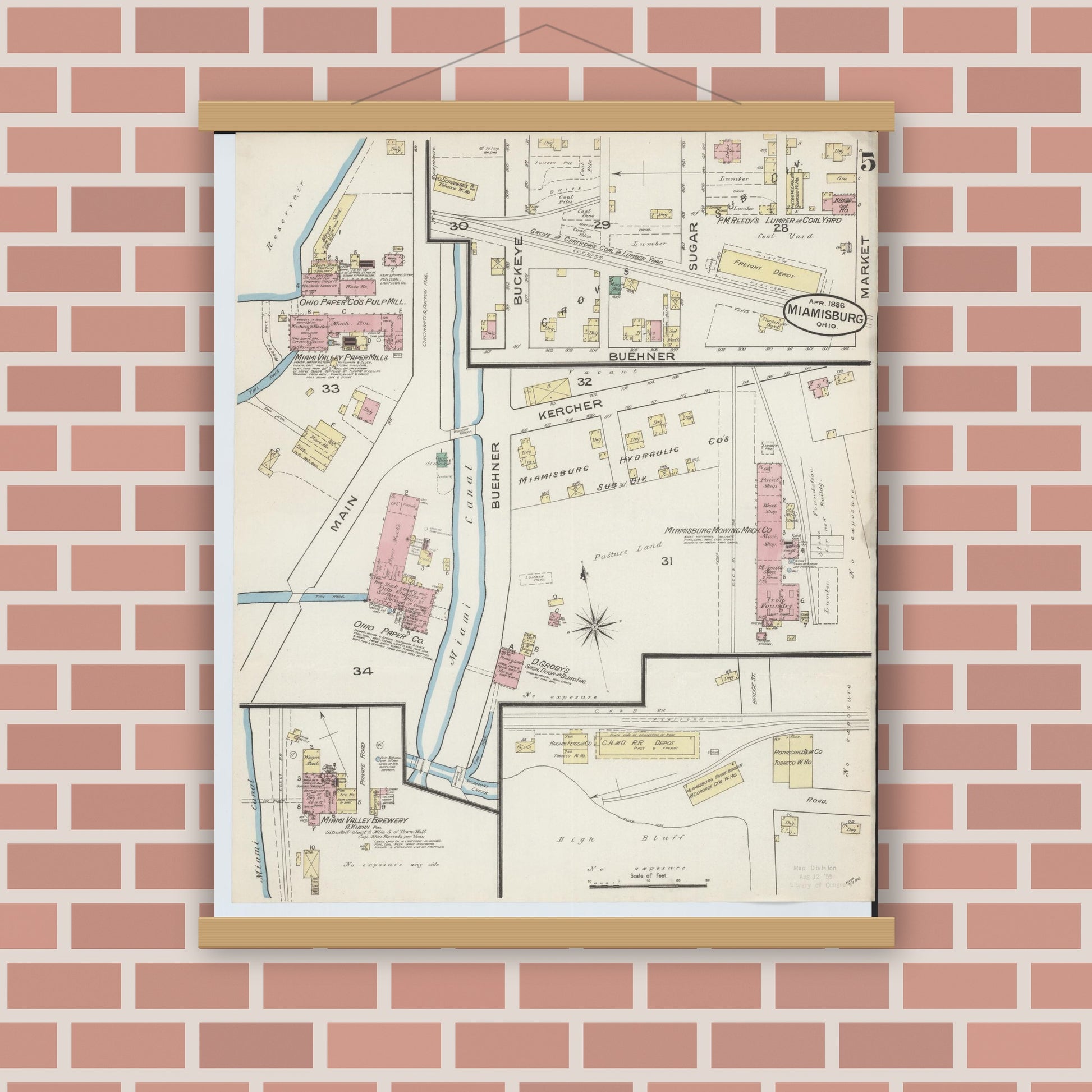 Old map wall art mockup — magnetic wood frame on brick wall — Sanborn Fire Insurance Map from Miamisburg, Montgomery County, Ohio (1886), Sheet #0005