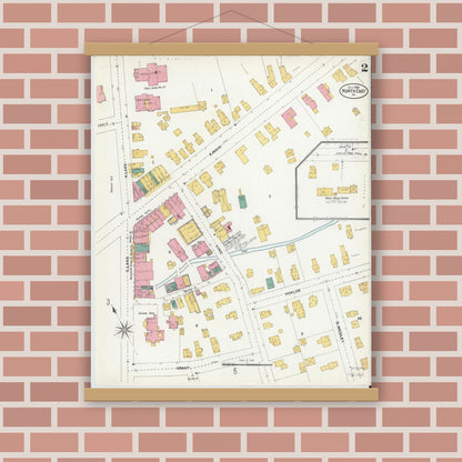 Old map wall art mockup — magnetic wood frame on brick wall — Sanborn Fire Insurance Map from North East, Erie County, Pennsylvania (1905), Sheet #0002