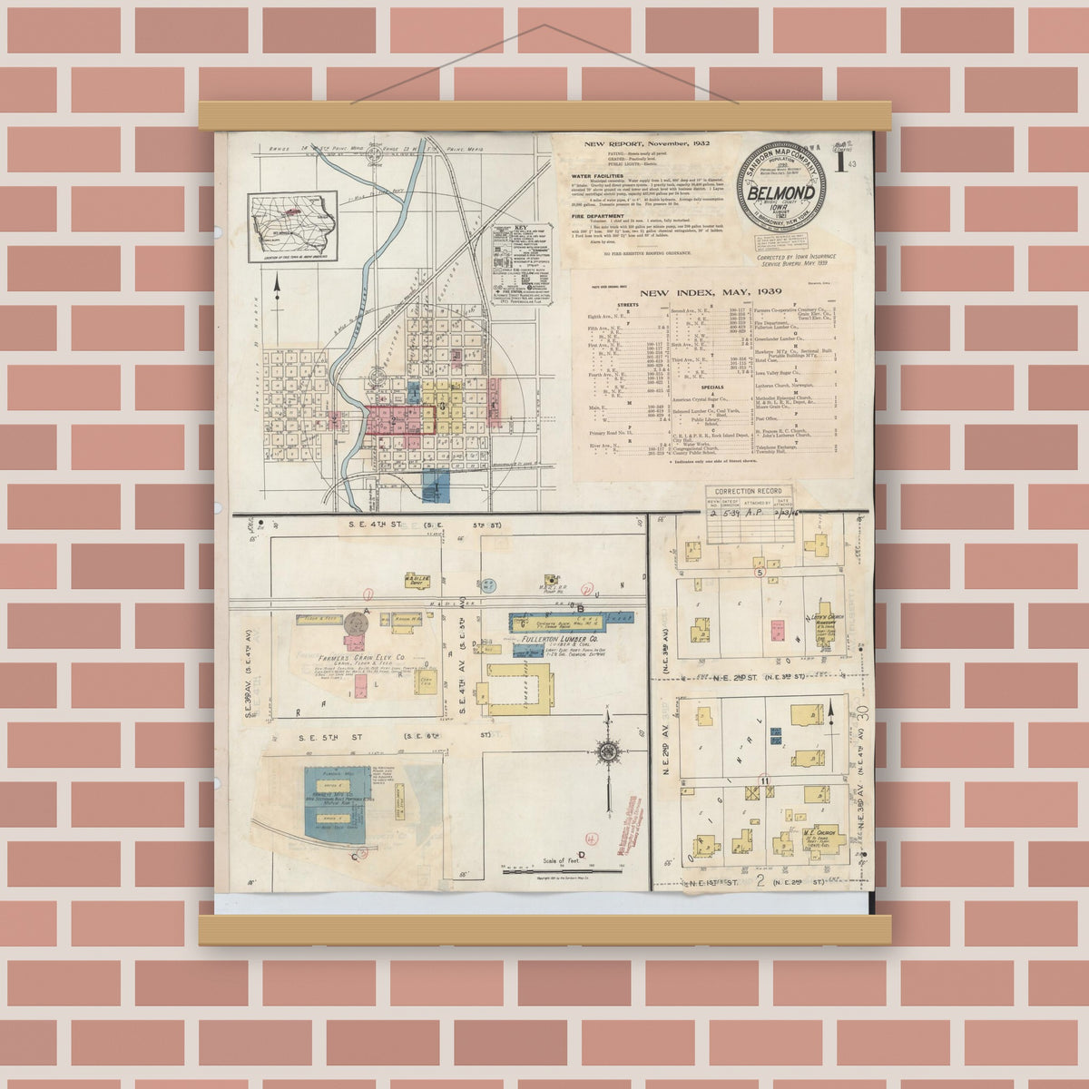 Old map wall art mockup — magnetic wood frame on brick wall — Sanborn Fire Insurance Map from Belmond, Wright County, Iowa (1939) â€” Complete Set