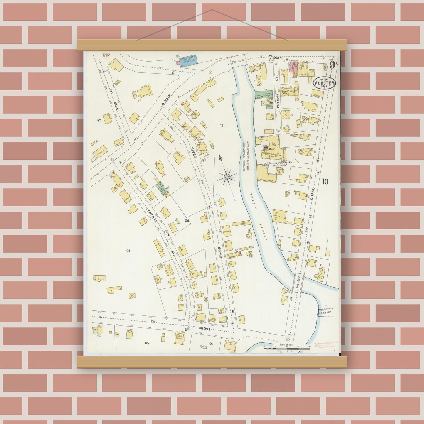 Old map wall art mockup — magnetic wood frame on brick wall — Sanborn Fire Insurance Map from Webster, Worcester County, Massachusetts (1898), Sheet #0009