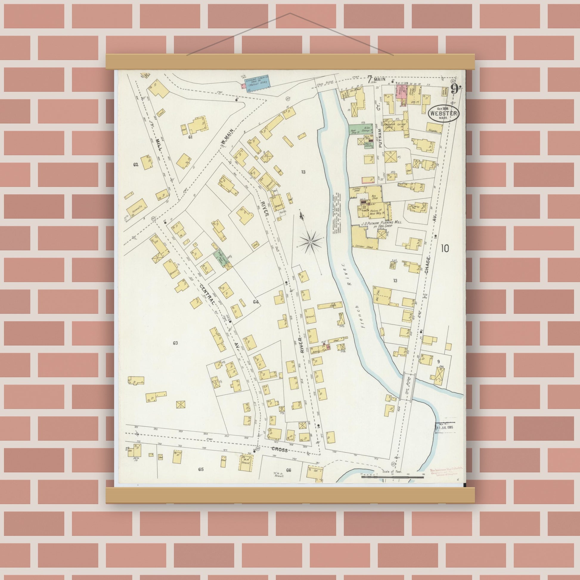 Old map wall art mockup — magnetic wood frame on brick wall — Sanborn Fire Insurance Map from Webster, Worcester County, Massachusetts (1898), Sheet #0009