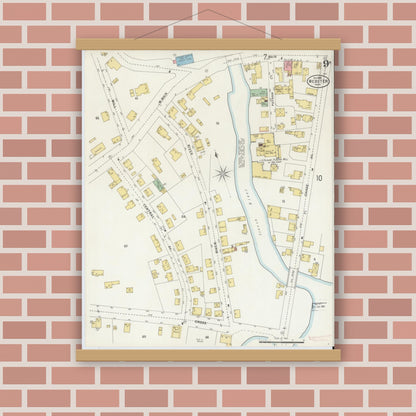 Old map wall art mockup — magnetic wood frame on brick wall — Sanborn Fire Insurance Map from Webster, Worcester County, Massachusetts (1898), Sheet #0009