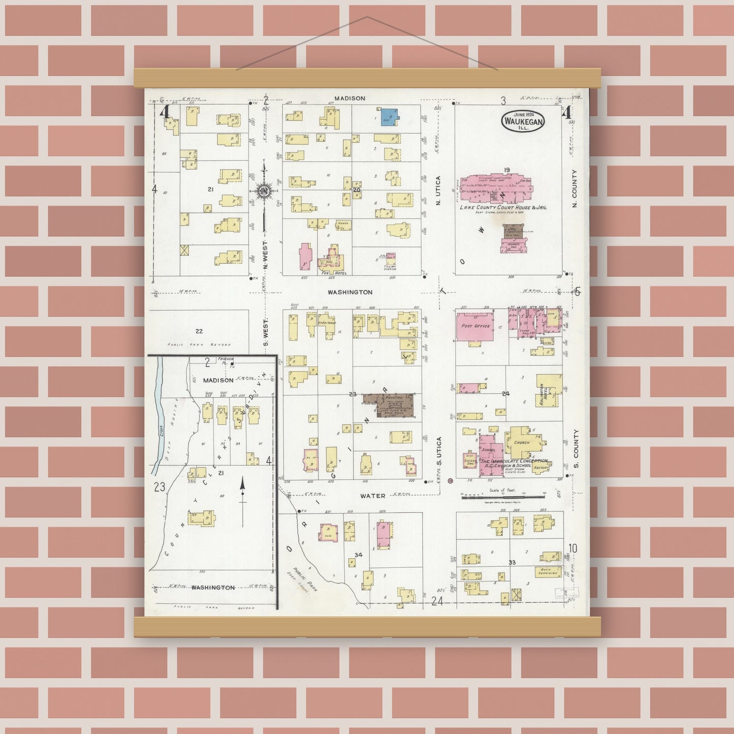 Old map wall art mockup — magnetic wood frame on brick wall — Sanborn Fire Insurance Map from Waukegan, Lake County, Illinois (1924), Sheet #0004
