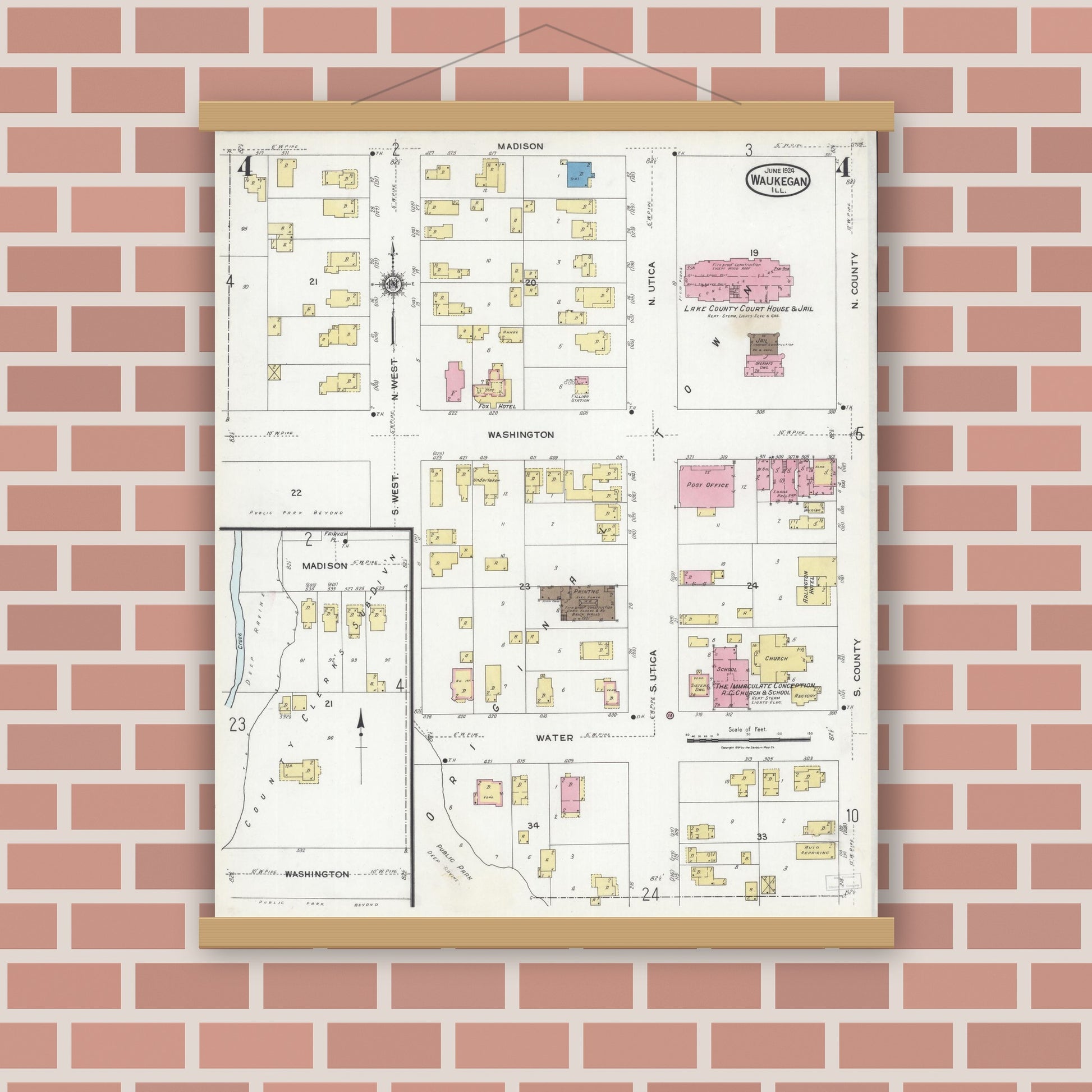 Old map wall art mockup — magnetic wood frame on brick wall — Sanborn Fire Insurance Map from Waukegan, Lake County, Illinois (1924), Sheet #0004