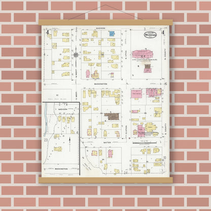 Old map wall art mockup — magnetic wood frame on brick wall — Sanborn Fire Insurance Map from Waukegan, Lake County, Illinois (1924), Sheet #0004