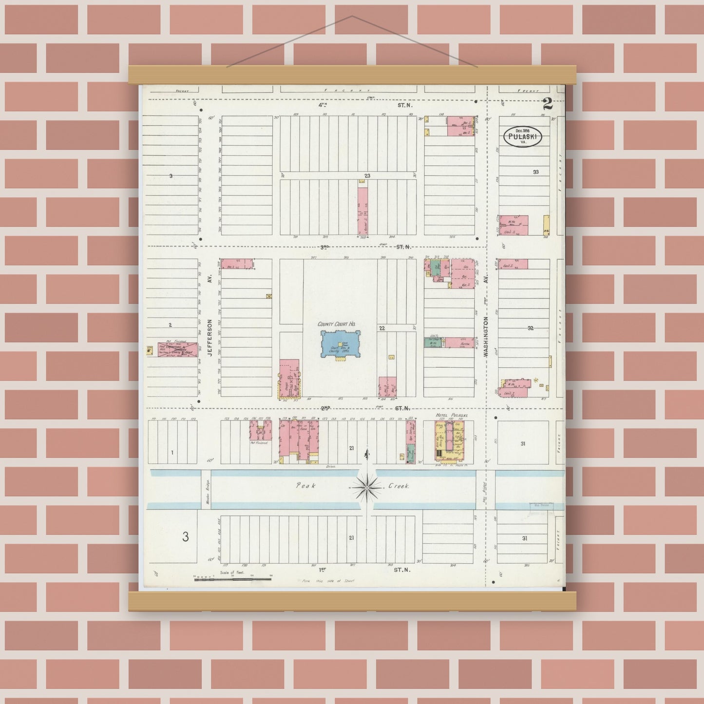 Old map wall art mockup — magnetic wood frame on brick wall — Sanborn Fire Insurance Map from Pulaski, Pulaski County, Virginia (1898), Sheet #0002