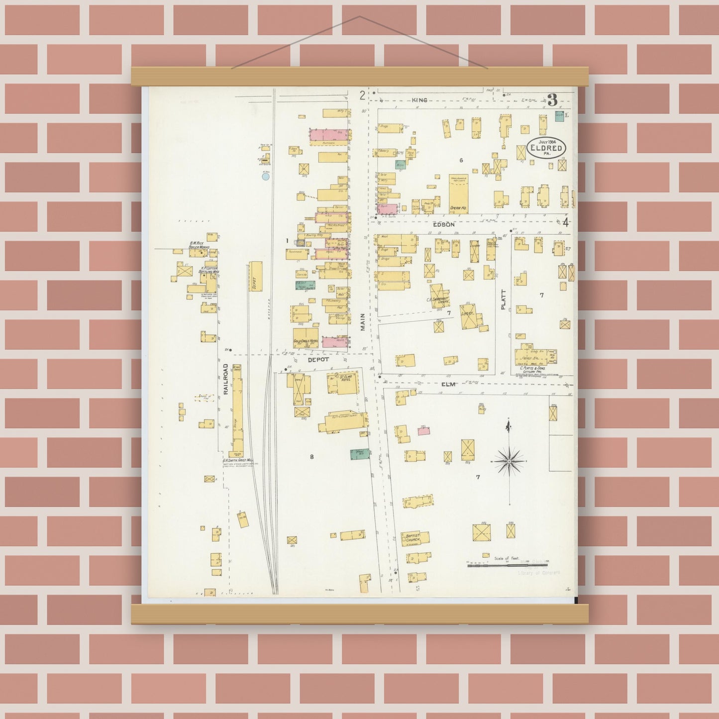 Old map wall art mockup — magnetic wood frame on brick wall — Sanborn Fire Insurance Map from Eldred, McKean County, Pennsylvania (1904), Sheet #0003