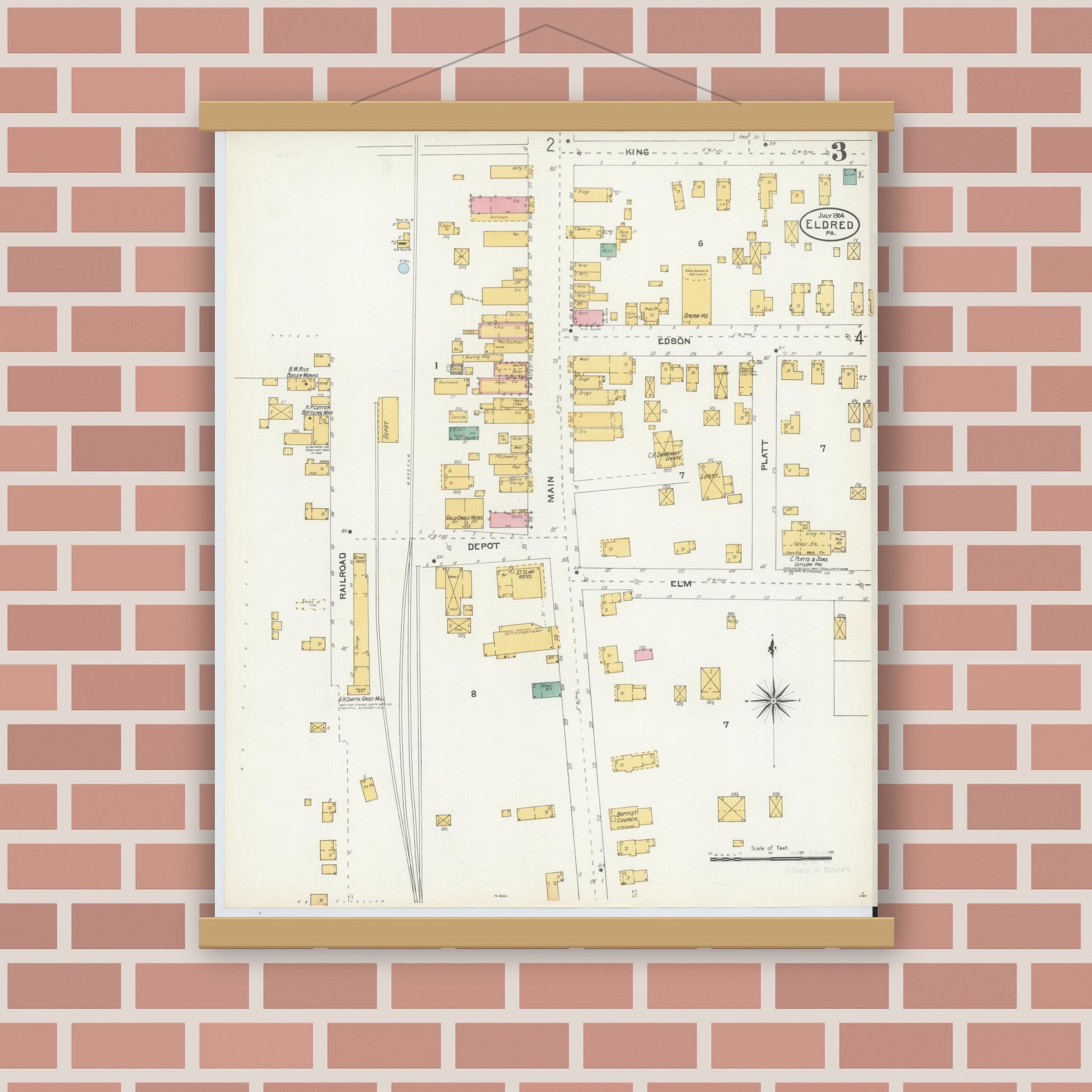 Old map wall art mockup — magnetic wood frame on brick wall — Sanborn Fire Insurance Map from Eldred, McKean County, Pennsylvania (1904), Sheet #0003