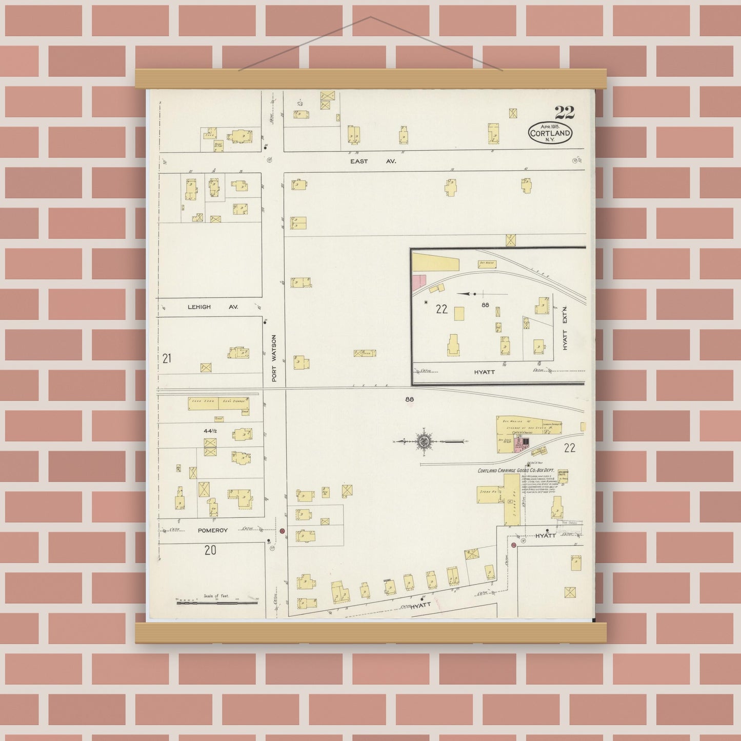 Old map wall art mockup — magnetic wood frame on brick wall — Sanborn Fire Insurance Map from Cortland, Cortland County, New York (1915), Sheet #0022