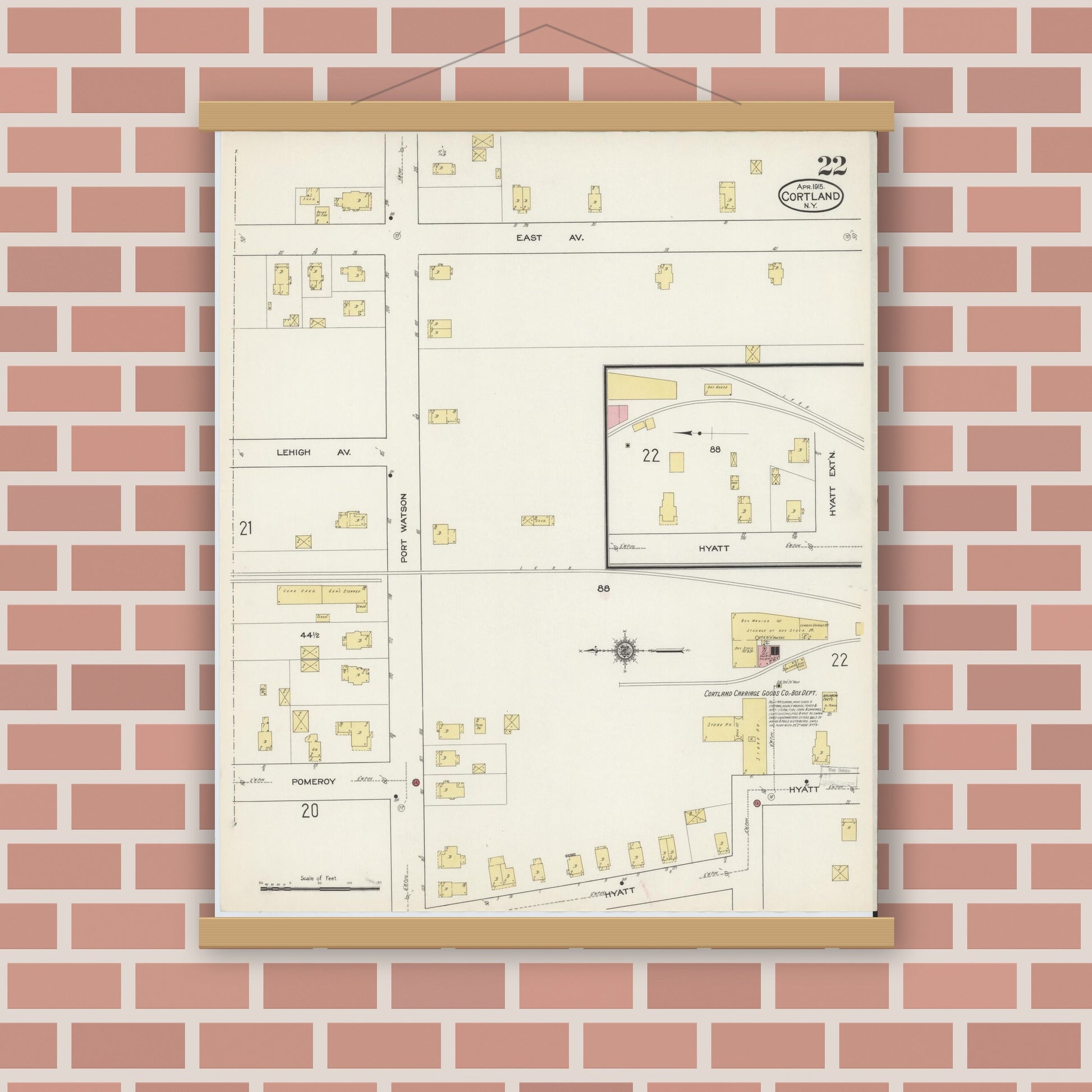 Old map wall art mockup — magnetic wood frame on brick wall — Sanborn Fire Insurance Map from Cortland, Cortland County, New York (1915), Sheet #0022