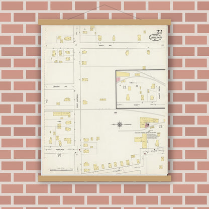 Old map wall art mockup — magnetic wood frame on brick wall — Sanborn Fire Insurance Map from Cortland, Cortland County, New York (1915), Sheet #0022