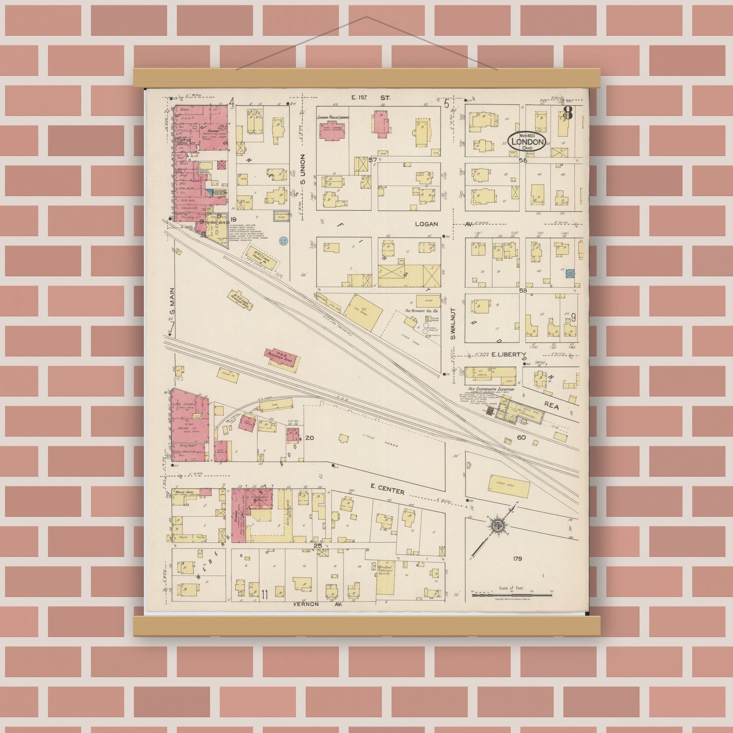Old map wall art mockup — magnetic wood frame on brick wall — Sanborn Fire Insurance Map from London, Madison County, Ohio (1921), Sheet #0008